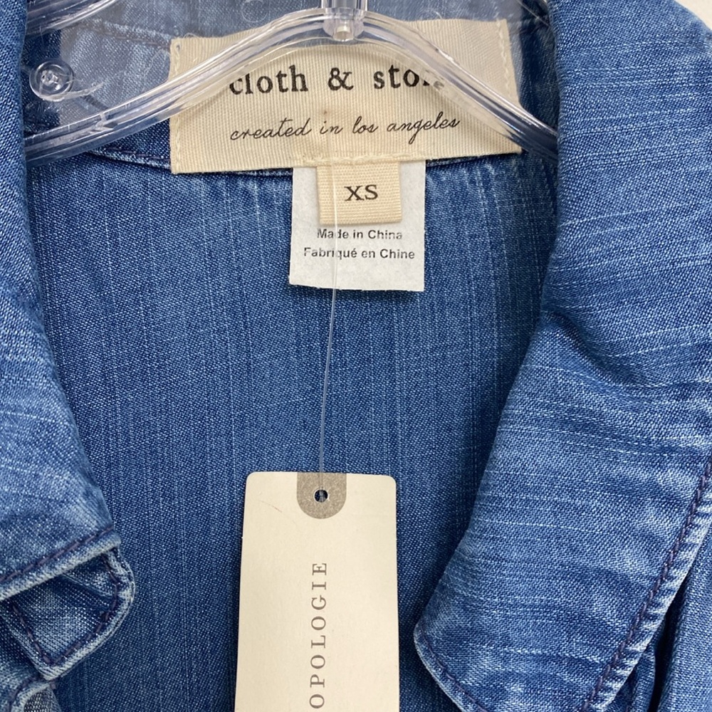 Cloth & Stone | Anthropologie Blue Denim Button Down Top Fringed Hem X-small - Picture 2 of 7